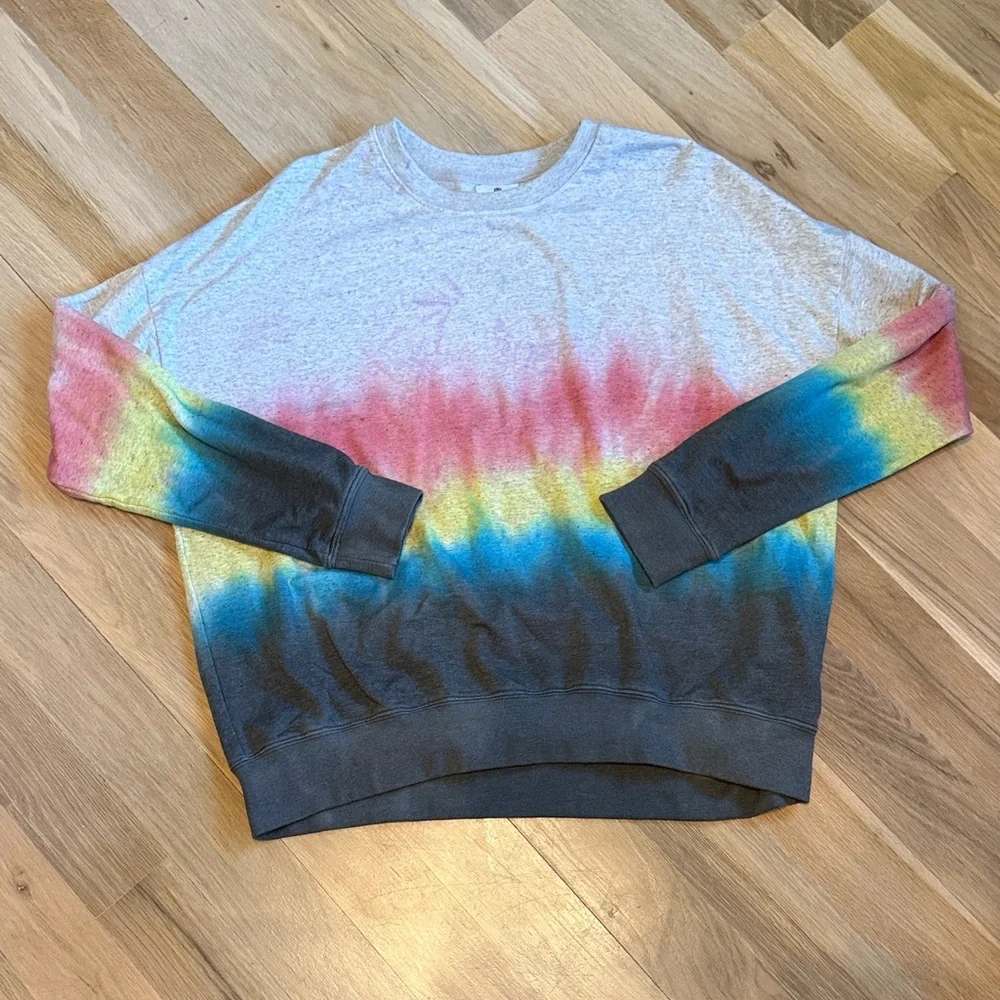 Sundry Gray Sweatshirt with Pink Yellow and Blue Tie-Dye Stripe - Picture 2 of 5